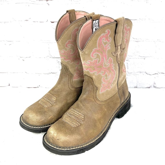 Ariat Shoes - |•ARIAT•| Tan & Pink Fatbaby Slip On Round Toe Leather Western Boots